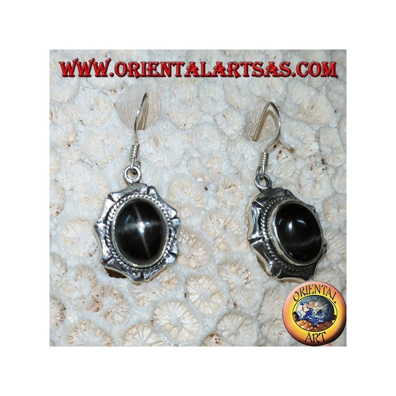Boucles d'oreilles en argent avec étoile noire ovale Diopside étoilé, fait main