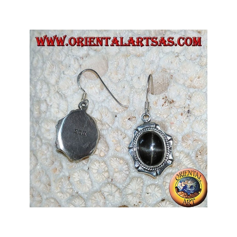 Boucles d'oreilles en argent avec étoile noire ovale Diopside étoilé, fait main