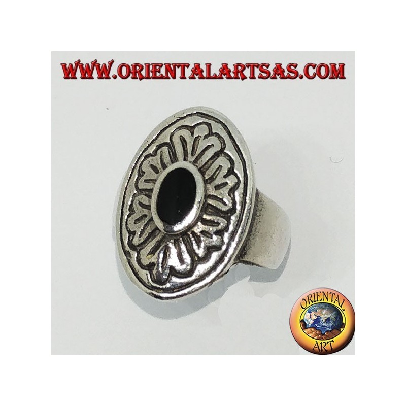 Anello in argento 925 con onice ovale e bordo largo intarsiato