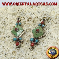 Silver earrings with Tibetan natural antique turquoise and coral