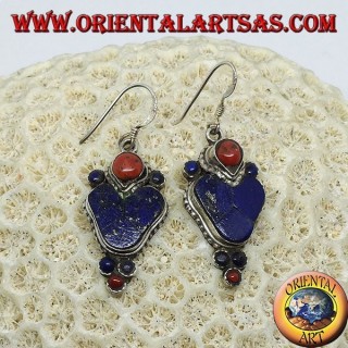 Silberohrringe mit Lapislazuli und Koralle (Typischer nepalesischer Ohrring im Herzen)