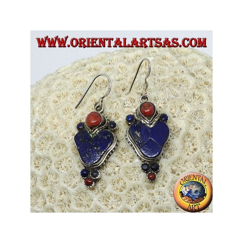 Silberohrringe mit Lapislazuli und Koralle (Typischer nepalesischer Ohrring im Herzen)