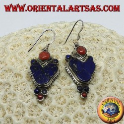 Silver earrings with lapis lazuli and coral (Typical Nepalese earring in heart)