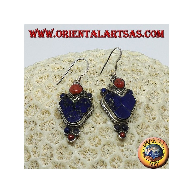Silver earrings with lapis lazuli and coral (Typical Nepalese earring in heart)