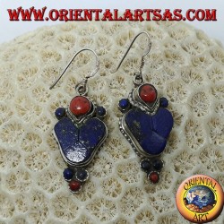 Silver earrings with lapis lazuli and coral (Typical Nepalese earring in heart)