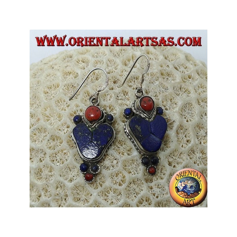 Silberohrringe mit Lapislazuli und Koralle (Typischer nepalesischer Ohrring im Herzen)