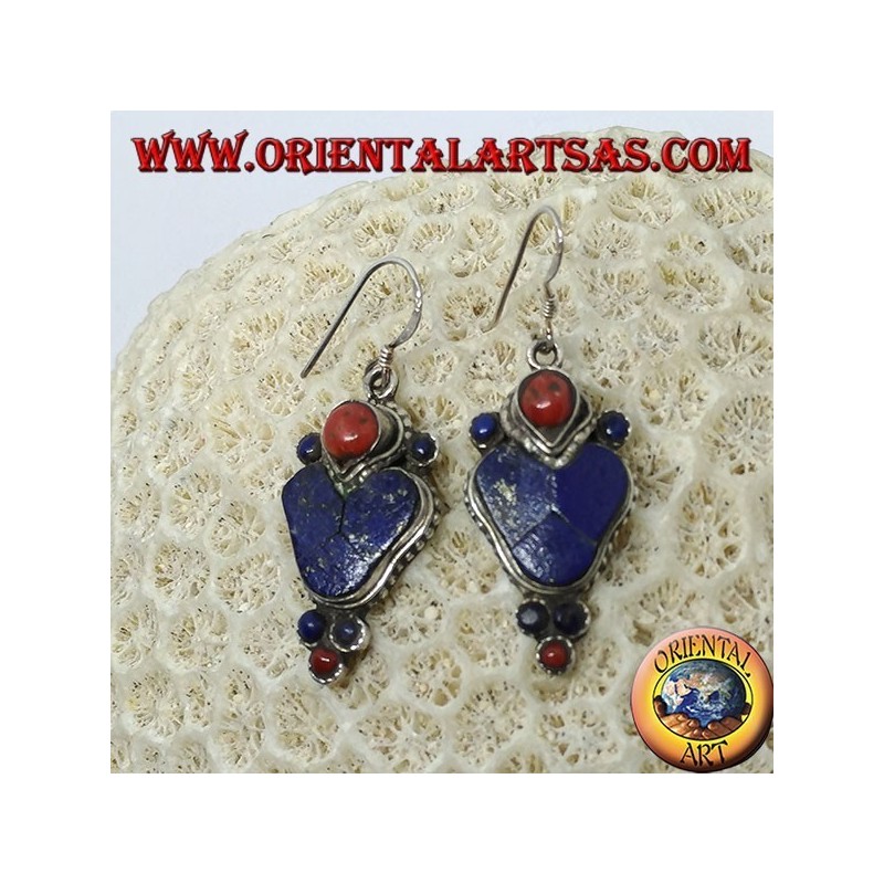 Boucles d'oreilles en argent avec lapis-lazuli et corail (Boucle d'oreille typique du Népal en cœur)
