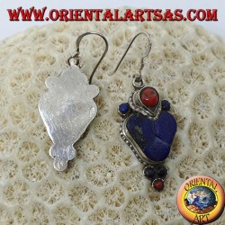 Boucles d'oreilles en argent avec lapis-lazuli et corail (Boucle d'oreille typique du Népal en cœur)