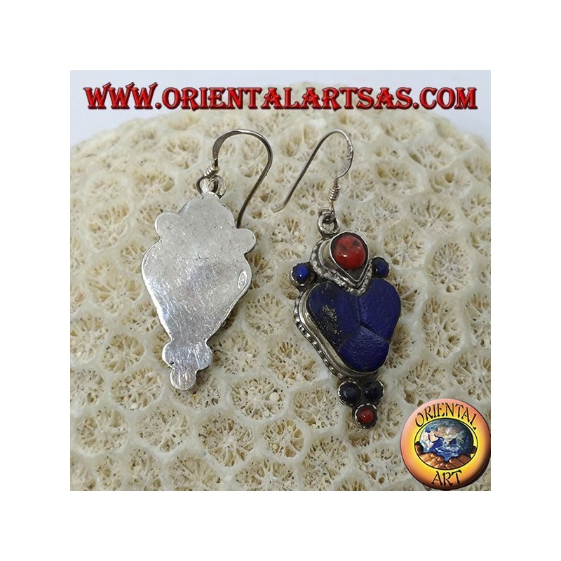 Orecchini in argento con lapislazzulo e corallo (Tipico orecchino Nepalese a cuore)