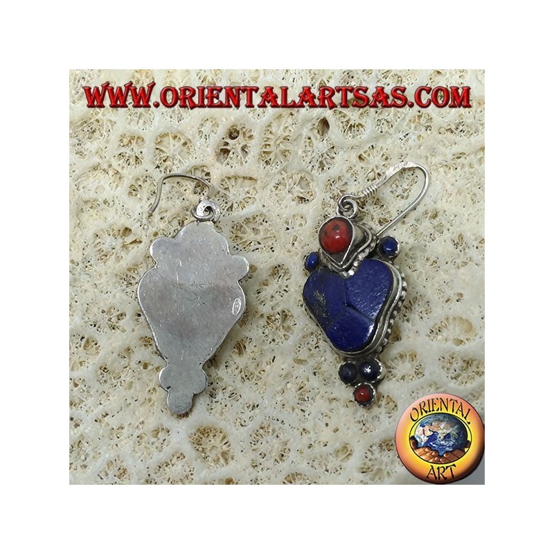 Silberohrringe mit Lapislazuli und Koralle (Typischer nepalesischer Ohrring im Herzen)