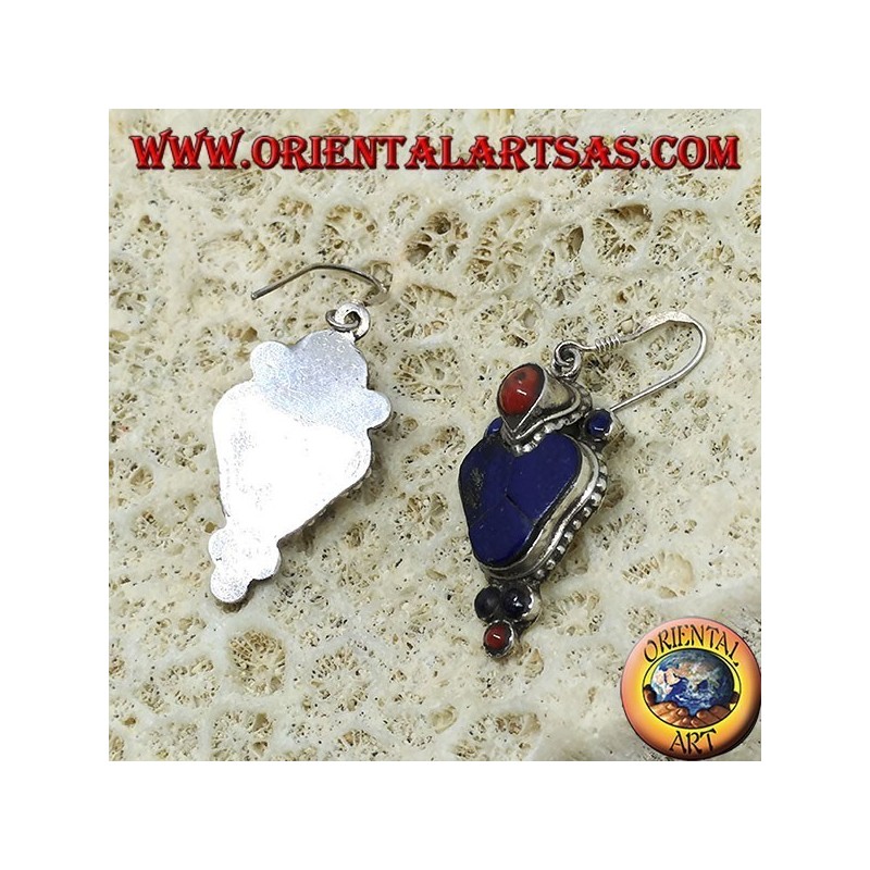 Silberohrringe mit Lapislazuli und Koralle (Typischer nepalesischer Ohrring im Herzen)