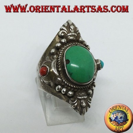 Anello in argento 925 con turchese antico Tibetano e corallo con decorazion
