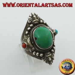 Ring in 925 silver with antique Tibetan turquoise and coral with decorations