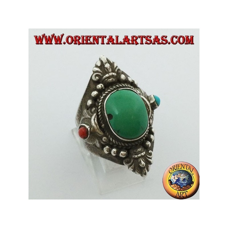Ring in 925 silver with antique Tibetan turquoise and coral with decorations
