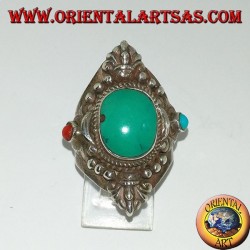 Anillo de plata 925 con turquesa tibetana antigua y coral con decoraciones.