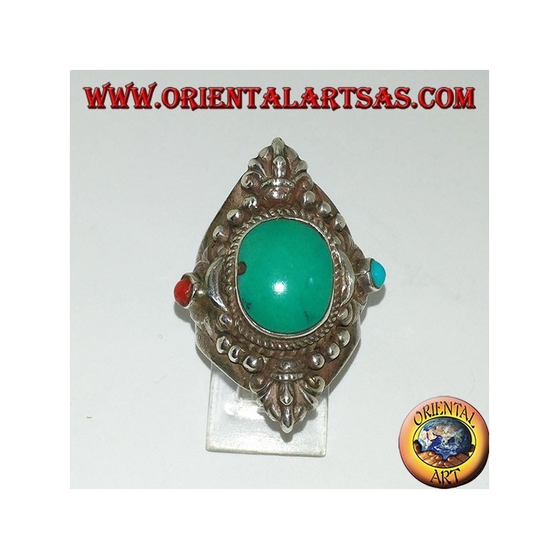 Ring in 925 silver with antique Tibetan turquoise and coral with decorations