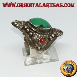 Ring in 925 silver with antique Tibetan turquoise and coral with decorations