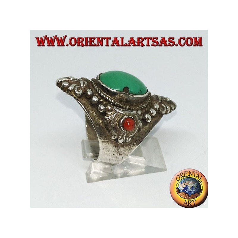 Ring in 925 silver with antique Tibetan turquoise and coral with decorations