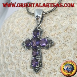 Silver pendant in the shape of a cross with marcassites and six Amethysts
