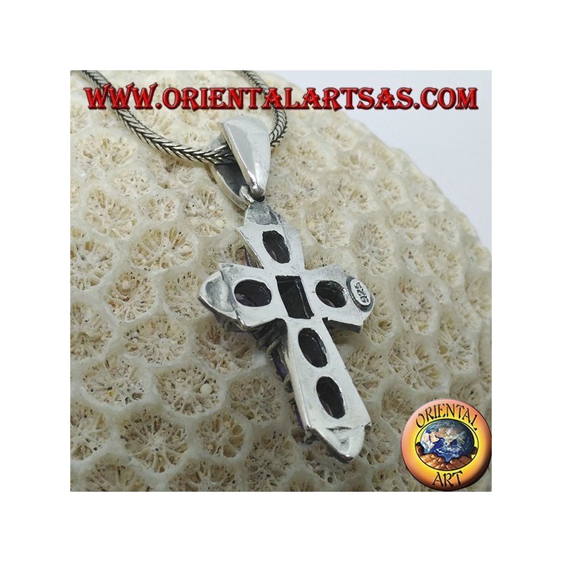 Silver pendant in the shape of a cross with marcassites and six Amethysts