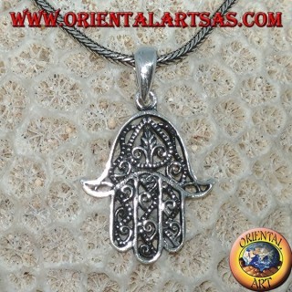 Ciondolo in argento a forma di mano di Fatima hamsa