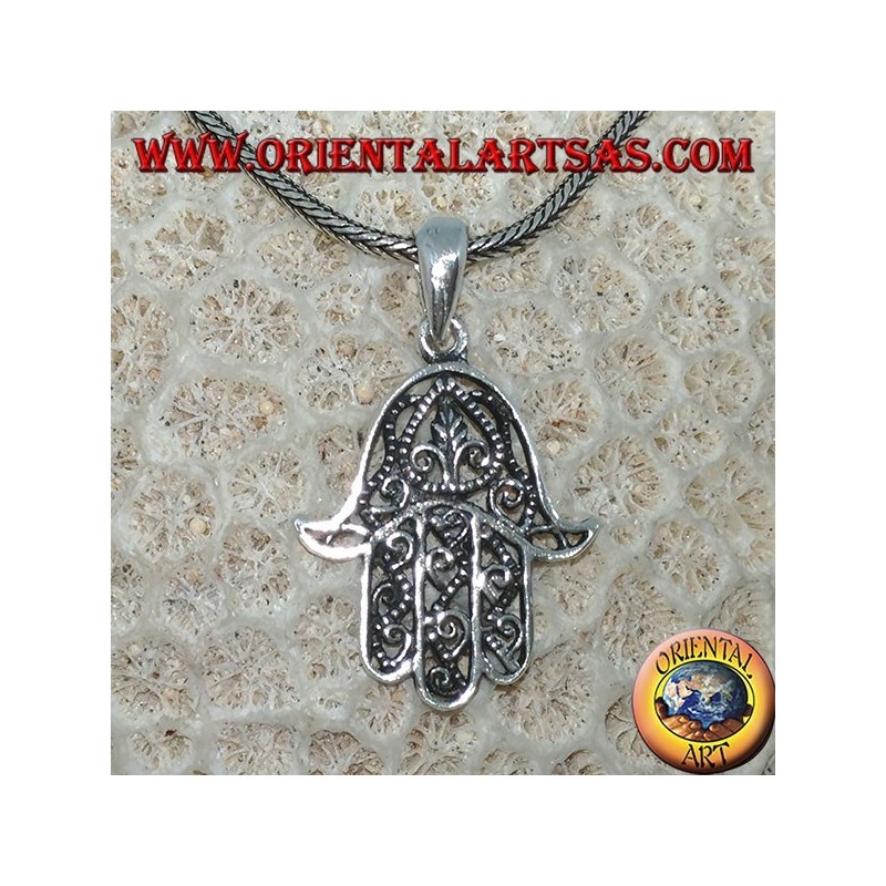 Ciondolo in argento a forma di mano di Fatima hamsa