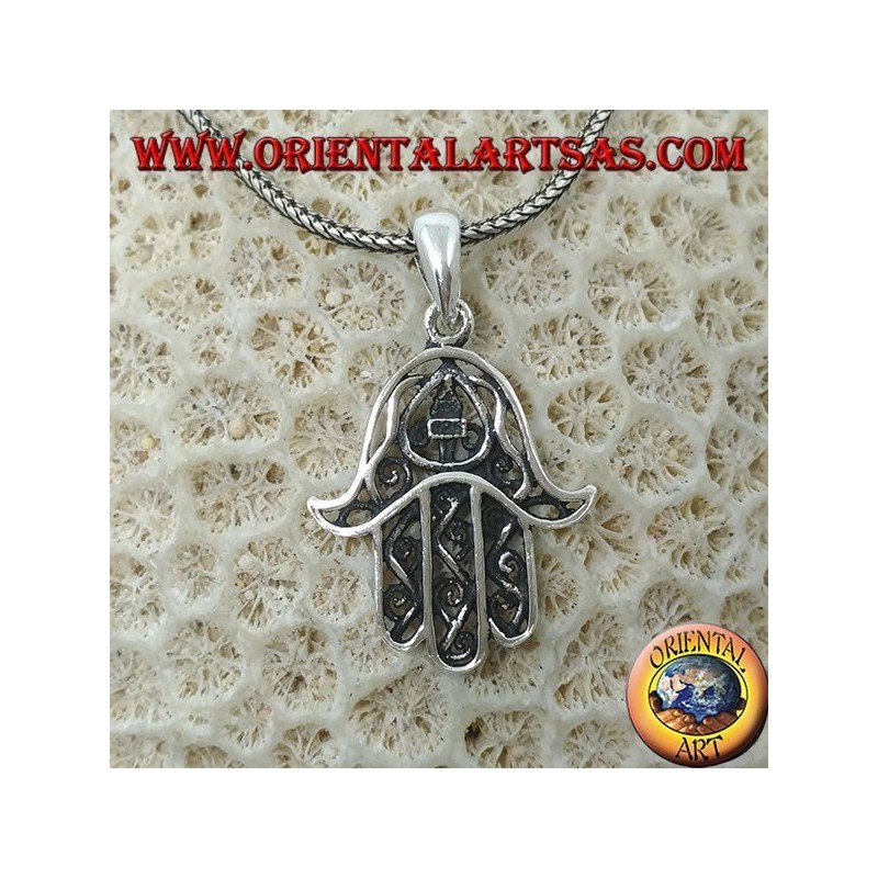Colgante de plata, en forma de mano de Fátima hamsa.