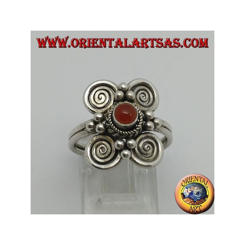 Silver ring with round carnelian and 4 spirals around