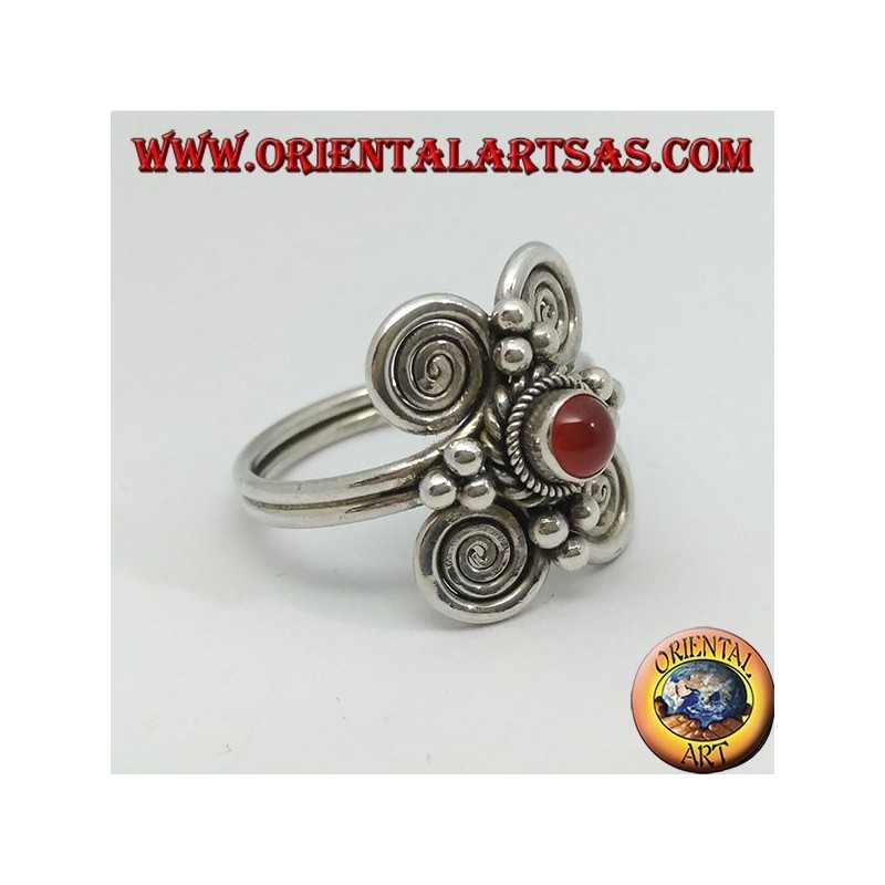 Silver ring with round carnelian and 4 spirals around