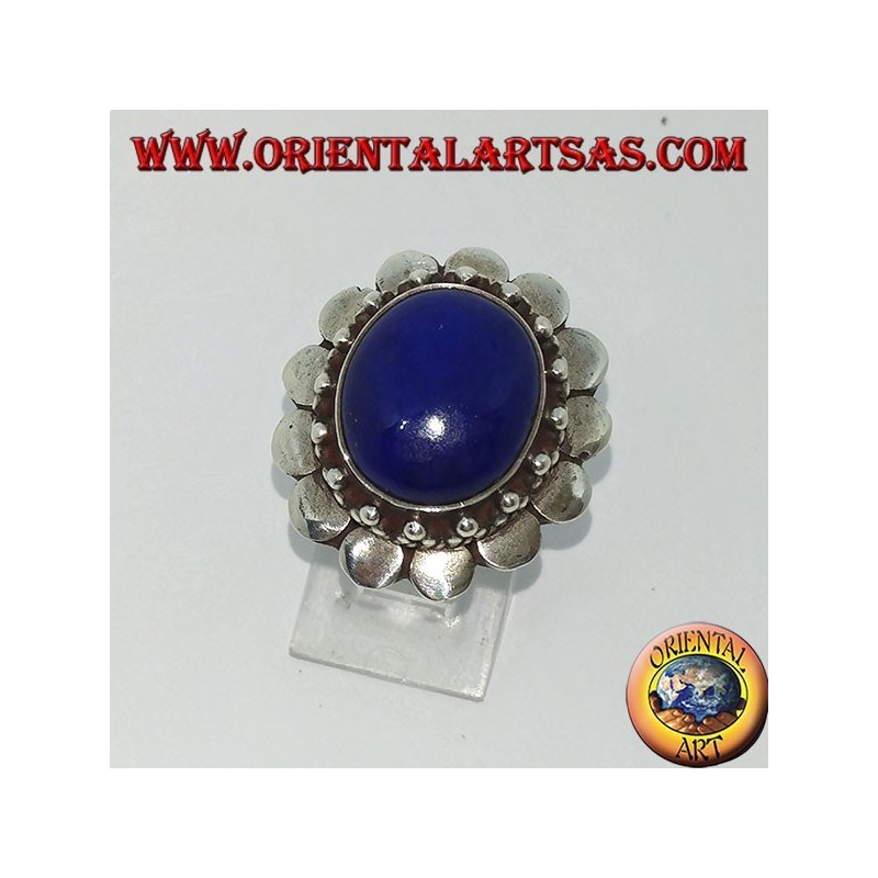 Silver ring with oval lapis lazuli surrounded by round plates
