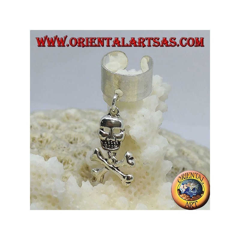 Ear Cuff en banda plateada con calavera colgante