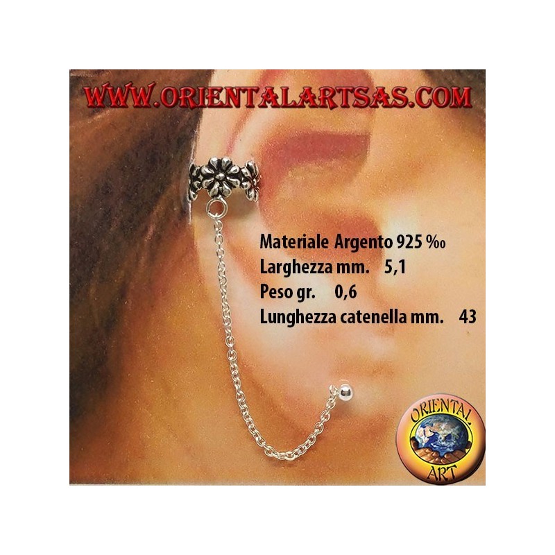 Boucle d'oreille manchette d'oreille avec chaine en argent, petites fleurs