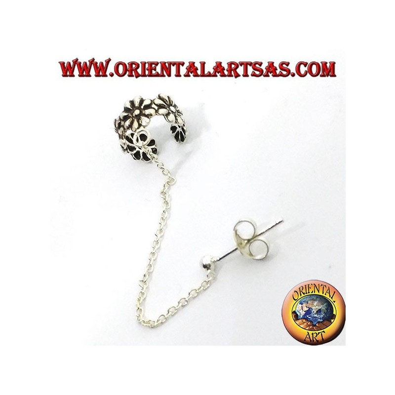 Boucle d'oreille manchette d'oreille avec chaine en argent, petites fleurs
