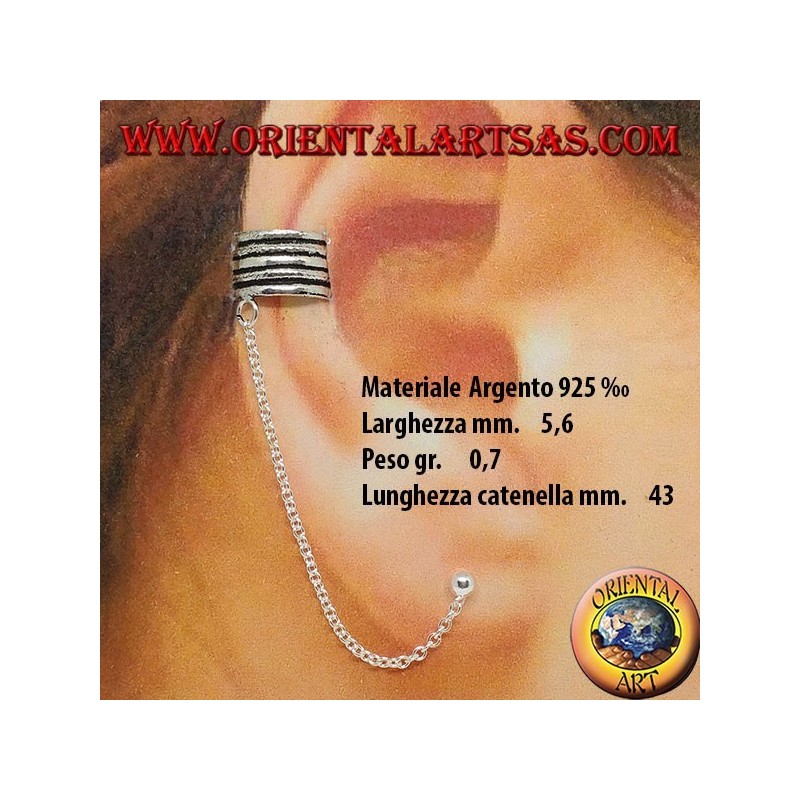 Orecchino Ear Cuff con catenella in argento, fascetta a righe