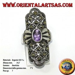 Silver ring with natural marcasite and amethyst, long