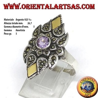 Silberring mit Markasit, rundem Naturamethyst und Goldfolien