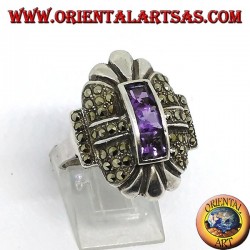 Silver ring with marcasite and three square amethysts in a row in the center