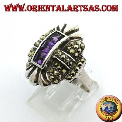 Silver ring with marcasite and three square amethysts in a row in the center
