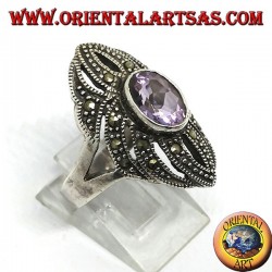 Silver ring with marcasite and natural oval amethyst