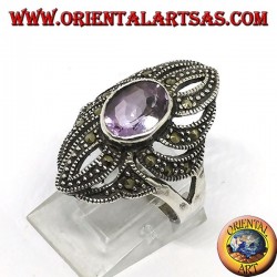 Silberring mit Markasit und natürlichem ovalen Amethyst