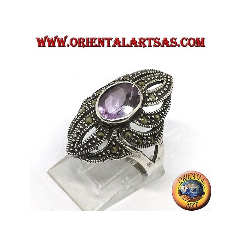Silberring mit Markasit und natürlichem ovalen Amethyst