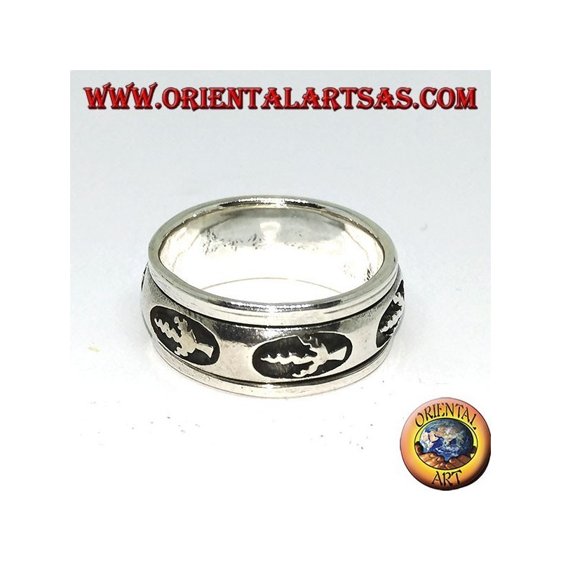 Anello fedina in argento girevole antistress, con foglia a bassorilievo