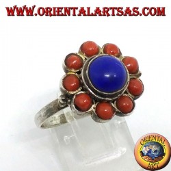 Ring in 925 ‰ silver flower of central natural lapis lazuli and decorated with natural corals