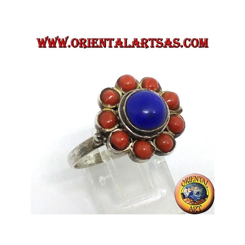Ring in 925 ‰ silver flower of central natural lapis lazuli and decorated with natural corals