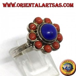 Ring aus 925 ‰ silberner Blume aus zentralem natürlichen Lapislazuli und mit natürlichen Korallen verziert