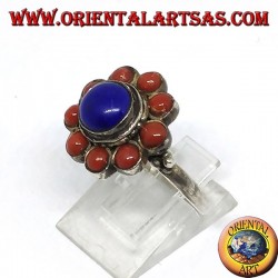 Ring aus 925 ‰ silberner Blume aus zentralem natürlichen Lapislazuli und mit natürlichen Korallen verziert