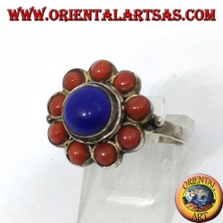 Anillo en 925 ‰ flor de plata de lapislázuli natural central y decorado con corales naturales