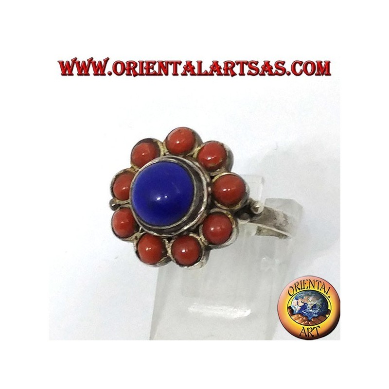 Bague en argent 925 flower fleur de lapis lazuli naturel central et décorée de coraux naturels