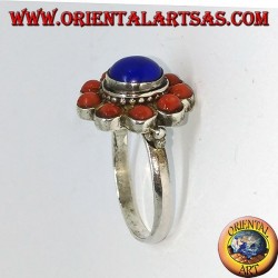 Anello in argento 925‰ fiorellino di lapislazzulo naturale centrale ed ornata di coralli naturali