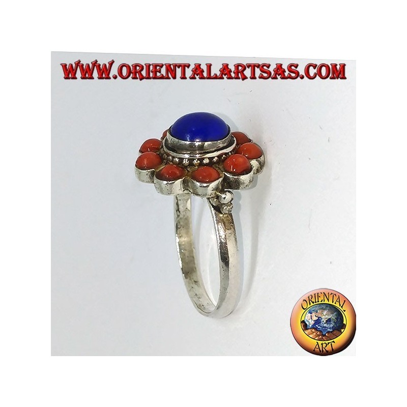 Bague en argent 925 flower fleur de lapis lazuli naturel central et décorée de coraux naturels